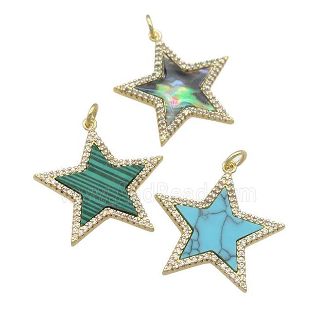 copper Star pendant paved gemstone, zircon, gold plated, mixed