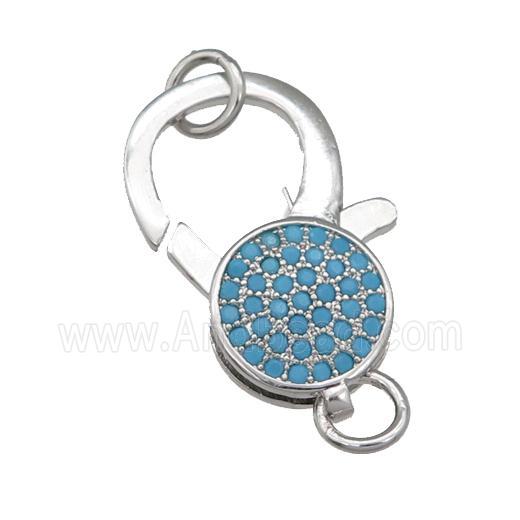 copper Lobster Clasp paved turq zircon, platinum plated