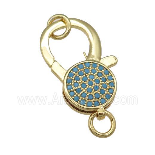 copper Lobster Clasp paved turq zircon, gold plated
