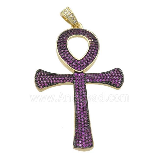 Copper Ankh Cross Pendant Pave Fuchsia Zircon Gold Plated