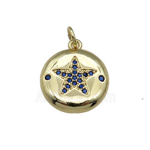 copper circle Star pendant pave blue zircon, gold plated