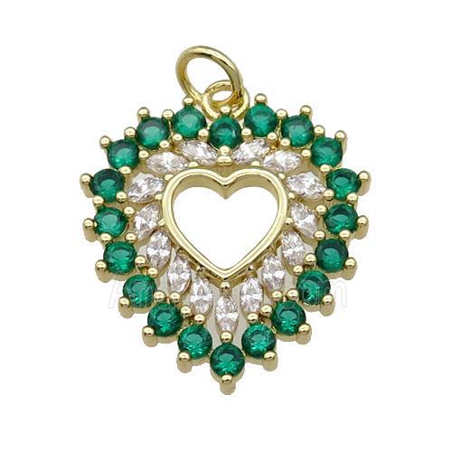 copper heart pendant paved green zircon, gold plated