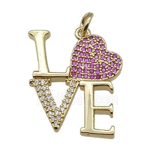 copper LOVE pendant pave zircon, heart, gold plated