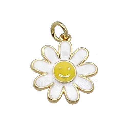 copper daisy flower pendant with white enamel, happyface, gold plated