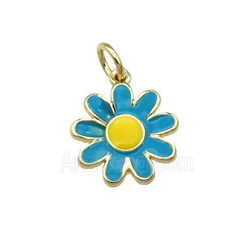 copper daisy flower pendant with teal enamel, gold plated