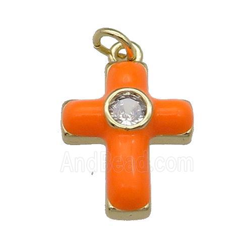 copper Cross pendant pave zircon with orange enamel, gold plated