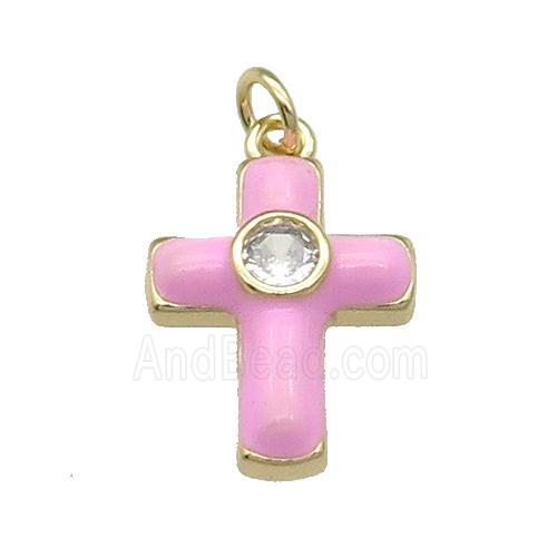 copper Cross pendant pave zircon with pink enamel, gold plated