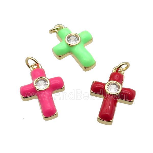 copper Cross pendant pave zircon with enamel, gold plated, mixed