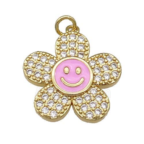 copper sunflower pendant pave zircon with pink enamel happyface, gold plated