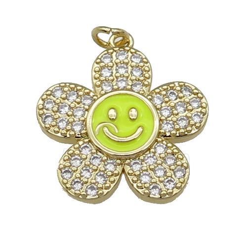 copper sunflower pendant pave zircon with yellow enamel happyface, gold plated