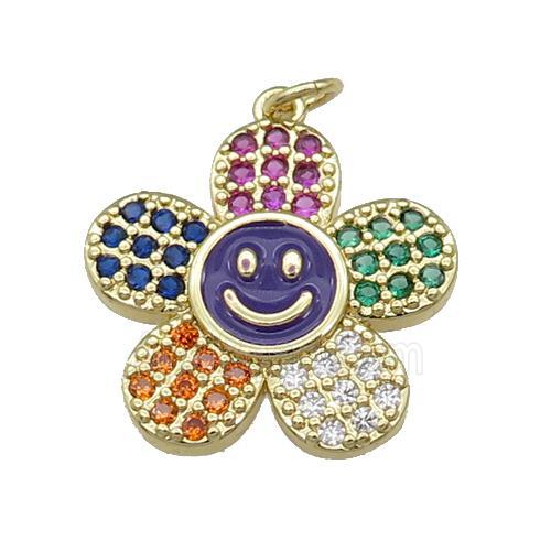 copper sunflower pendant pave zircon with purple enamel happyface, gold plated