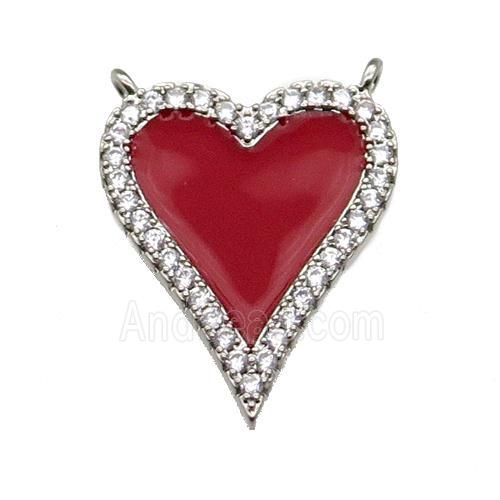 copper Heart pendant pave zircon with red enamel, platinum plated