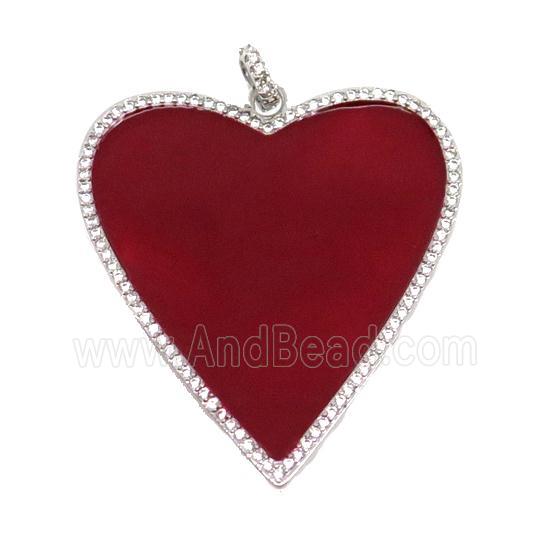 copper Heart pendant pave zircon with red enamel, platinum plated