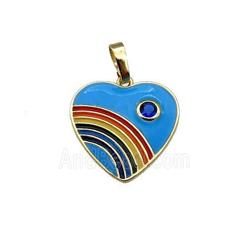 copper Heart pendant with blue enamel, rainbow, gold plated