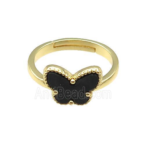 copper Butterfly Ring pave black shell, adjustable, gold plated
