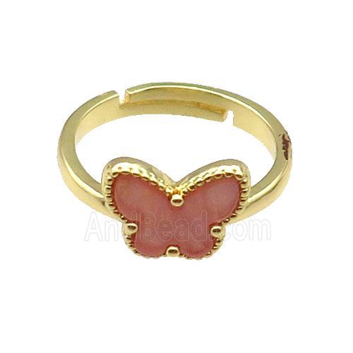 copper Butterfly Ring pave pink shell, adjustable, gold plated