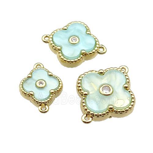 copper Clover connector pave green shell, gold plated