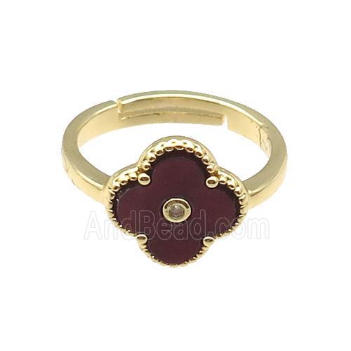 copper Clover Ring pave darkred shell, gold plated