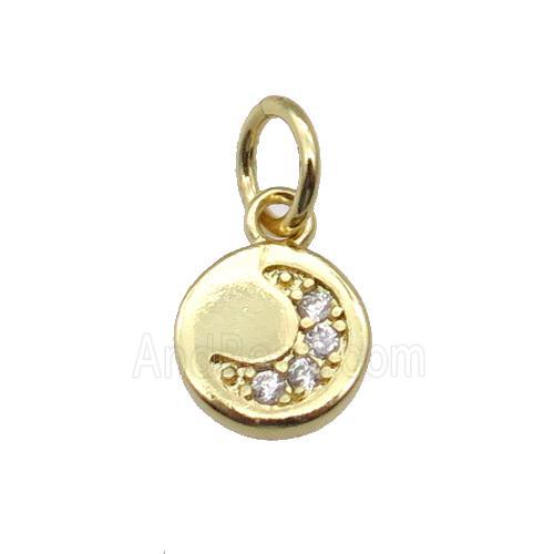 copper circle moon pendant paved zircon, gold plated