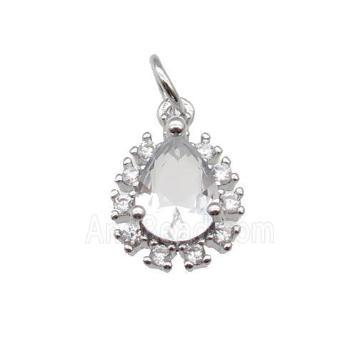 copper teardrop pendant pave zircon, platinum plated