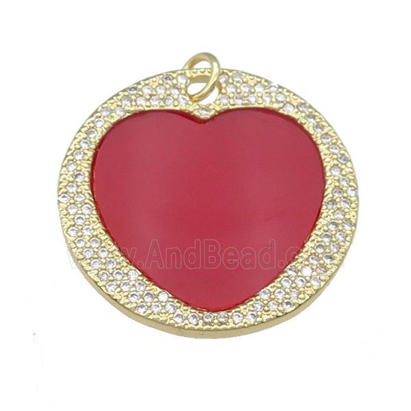 copper circle Heart pendant pave red agate, zircon, gold plated