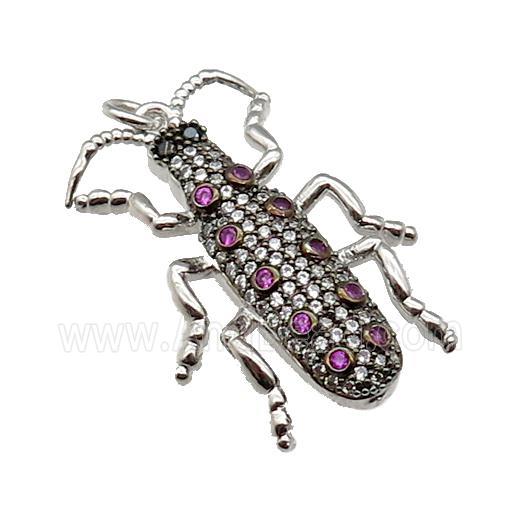 copper Ladybug pendant pave zircon, platinum plated