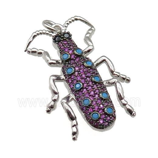 copper Ladybug pendant pave zircon, platinum plated