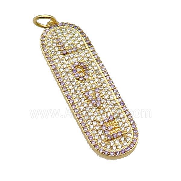 copper LOVE pendant paved zircon, gold plated
