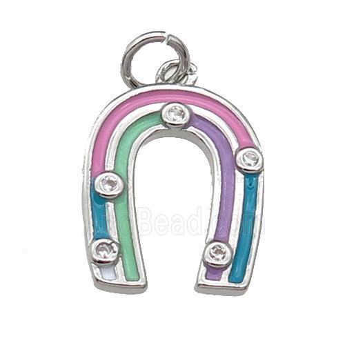 copper horseshoe charm pendant, enamel, platinum plated