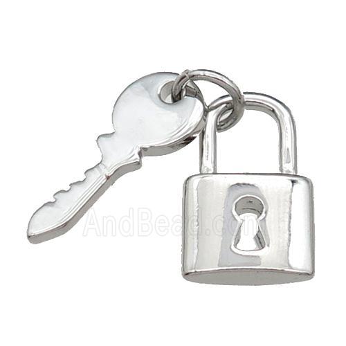 copper Lock-Key charm pendant, platinum plated