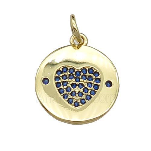copper circle Heart pendant paved blue zircon, gold plated