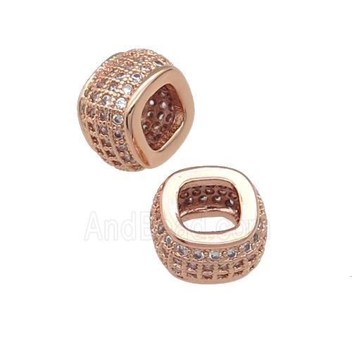 copper rondelle beads pave zircon, large hole, rose gold