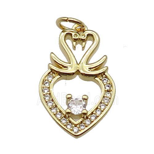 copper Heart pendant paved zircon, swan, gold plated