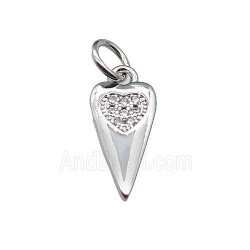 copper dart heart pendant pave zircon, platinum plated