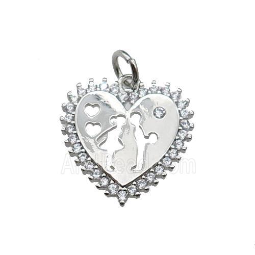copper Heart pendant pave zircon, couple, platinum plated
