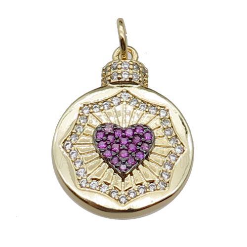 copper circle heart pendant pave zircon, gold plated