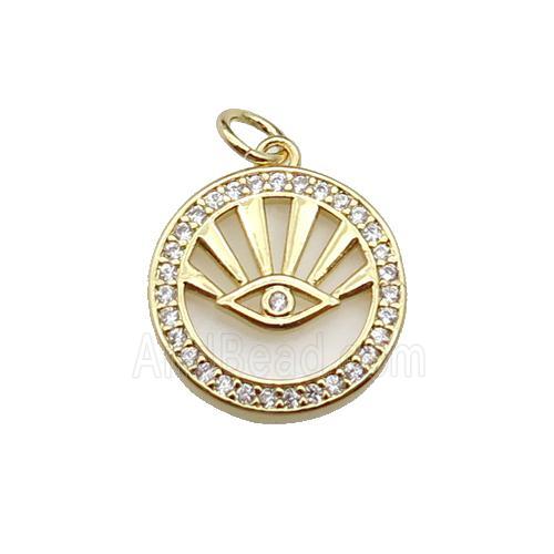 copper circle eye pendant pave zircon, shell, gold plated