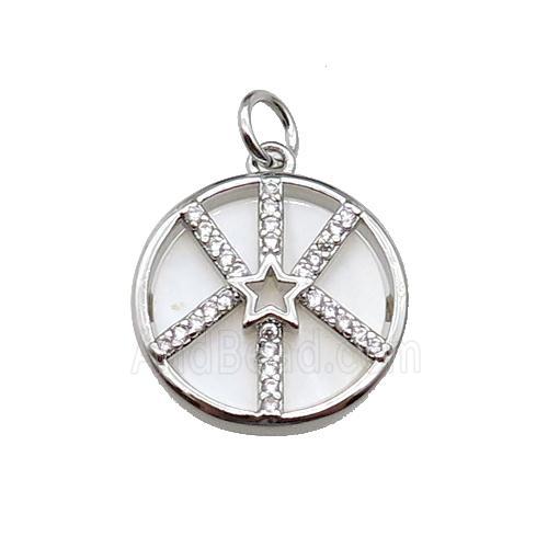copper circle star pendant pave zircon, shell, platinum plated