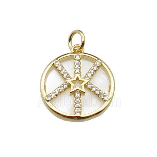 copper circle star pendant pave zircon, shell, gold plated