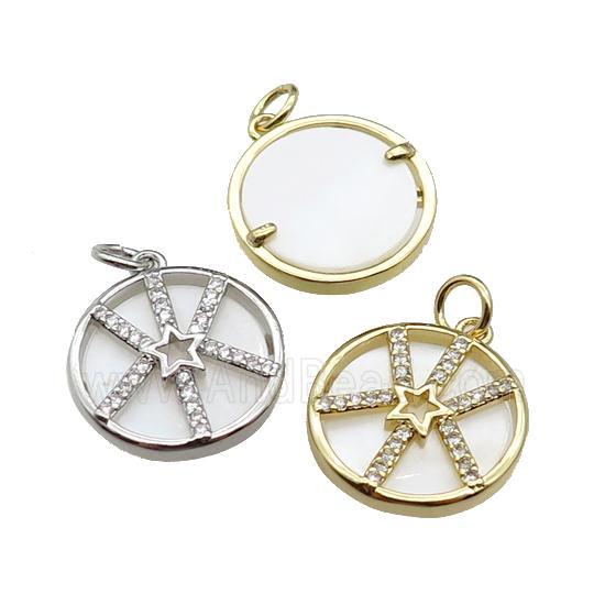 copper circle star pendant pave zircon, shell, mixed