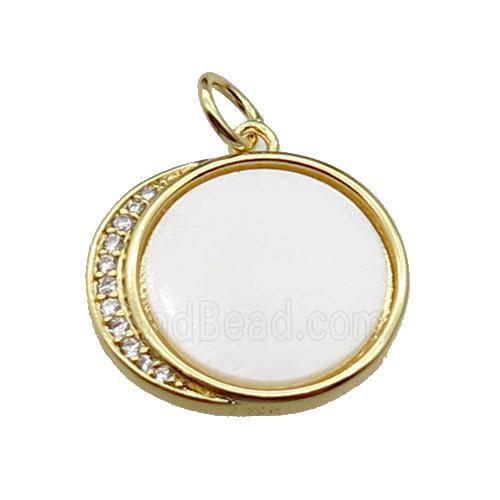 copper circle moon pendant pave shell, zircon, gold plated