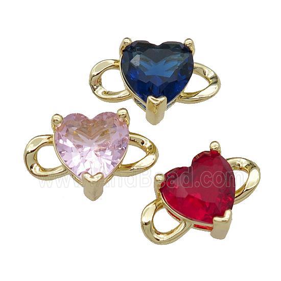 copper Heart connector pave zircon, mixed, gold plated