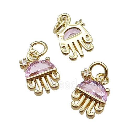 copper Octopus pendant pave pink zircon, gold plated