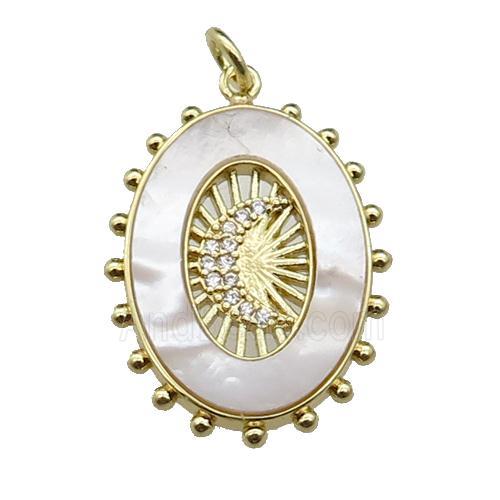copper oval pendant pave shell zircon, moon, gold plated