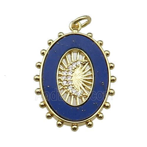 copper oval pendant pave lapis zircon, moon, gold plated