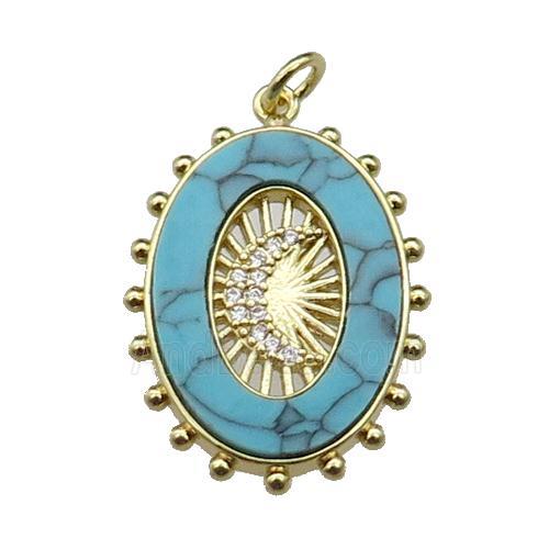 copper oval pendant pave turquoise zircon, moon, gold plated