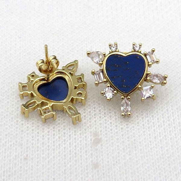 copper Stud Earring pave lapis zircon, gold plated