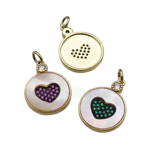 mixed copper circle Heart pendant pave shell zircon, gold plated