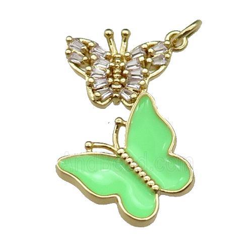 copper Butterfly pendant pave zircon, green enamel, gold plated