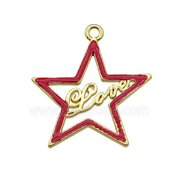 copper Star pendant with red enamel, LOVE, gold plated